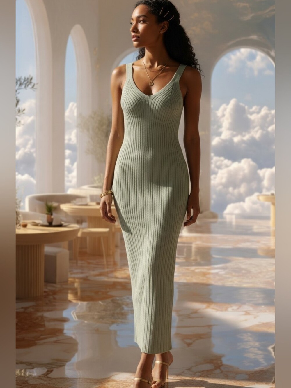 New Ribbed V‑Neck Maxi Dress In Sage By Pink Rose